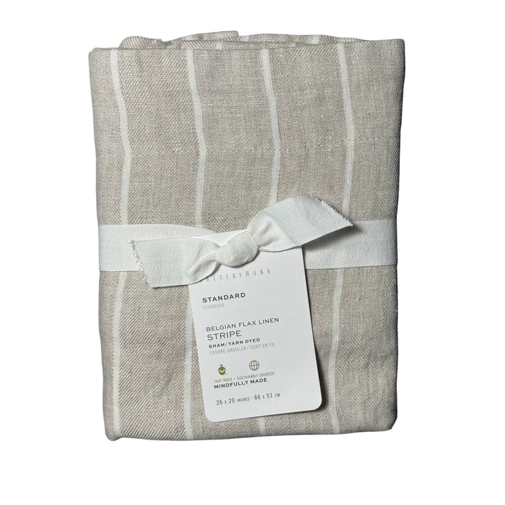 Pottery Barn Belgian Flax Linen Striped Standard Pillow Sham Flax Ivory 26x20
